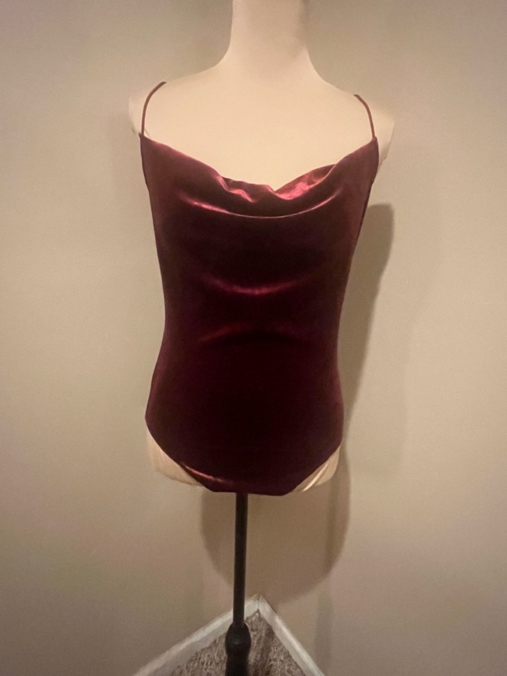 NWT She+Sky Velvet Cowl Neck Spaghetti Strap Bodysuit - Burgundy, size Small